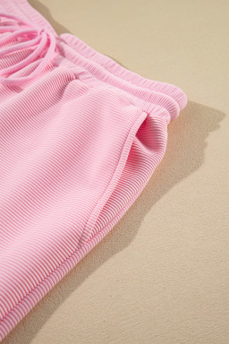 Pink Textured Ruffle Sleeve Zipped Top and Wide Leg Pants Set