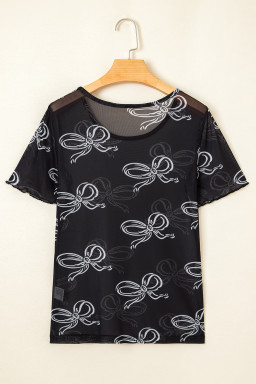 Black Bow Print Mesh Short Sleeve Top