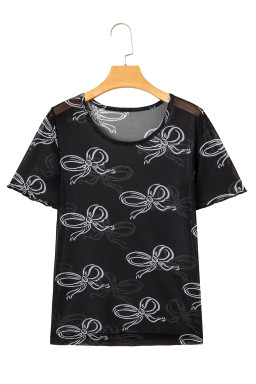 Black Bow Print Mesh Short Sleeve Top