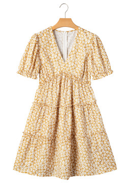 Yellow Floral Short Sleeve V Neck Frill Tiered Mini Dress
