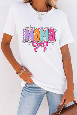 White Cute MaMa Bow Graphic Crewneck T Shirt