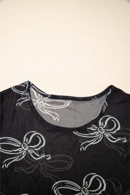 Black Bow Print Mesh Short Sleeve Top