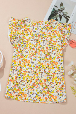 Green Floral Print Ruffle V Neck Short Sleeve Blouse