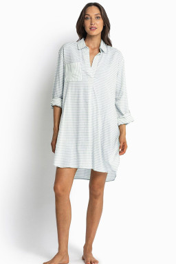 White Stripe Collared V Neck Chest Pocket Long Sleeve Beach Cover up
