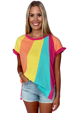 Rose Red Colorblock Ruffle Sleeve Loose Fit T Shirt