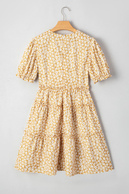 Yellow Floral Short Sleeve V Neck Frill Tiered Mini Dress