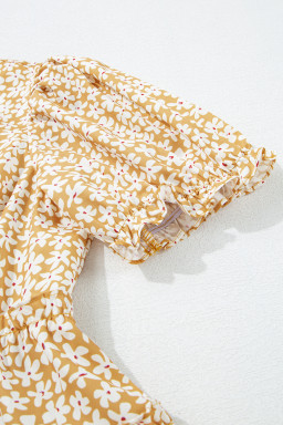 Yellow Floral Short Sleeve V Neck Frill Tiered Mini Dress