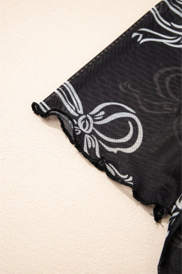 Black Bow Print Mesh Short Sleeve Top