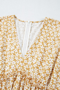 Yellow Floral Short Sleeve V Neck Frill Tiered Mini Dress