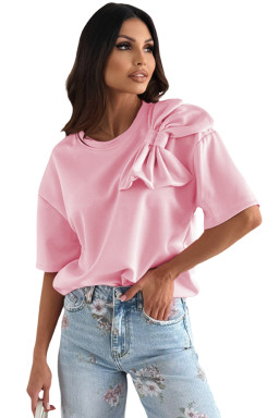 Pink Bow Applique Solid Color Sweet T-shirt