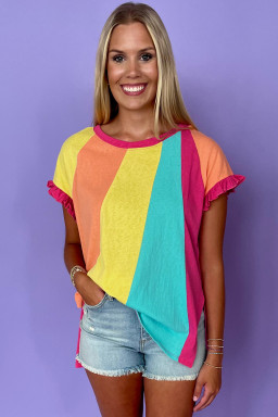 Rose Red Colorblock Ruffle Sleeve Loose Fit T Shirt