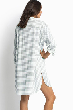 White Stripe Collared V Neck Chest Pocket Long Sleeve Beach Cover up
