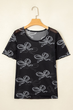 Black Bow Print Mesh Short Sleeve Top