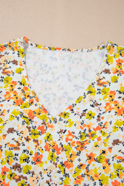 Green Floral Print Ruffle V Neck Short Sleeve Blouse