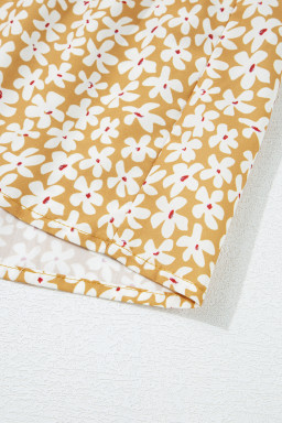 Yellow Floral Short Sleeve V Neck Frill Tiered Mini Dress