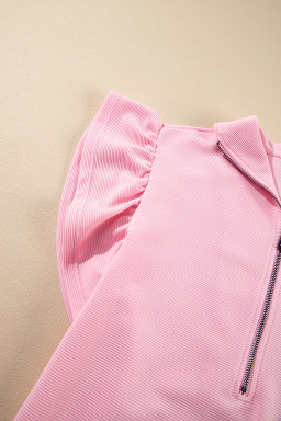Pink Textured Ruffle Sleeve Zipped Top and Wide Leg Pants Set