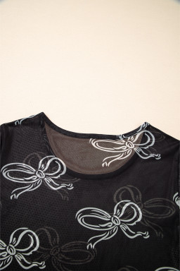 Black Bow Print Mesh Short Sleeve Top