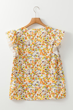 Green Floral Print Ruffle V Neck Short Sleeve Blouse