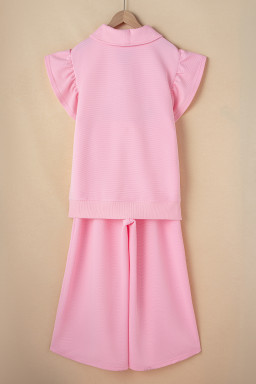 Pink Textured Ruffle Sleeve Zipped Top and Wide Leg Pants Set