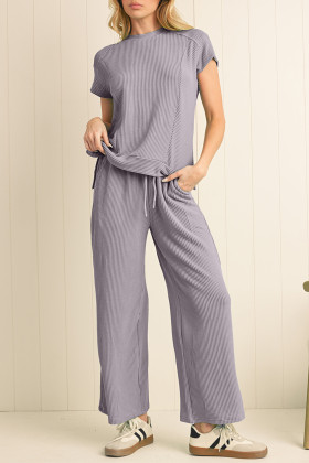 Wild Wind Solid Corded Short Sleeve T Shirt and Wide Leg Pants Set