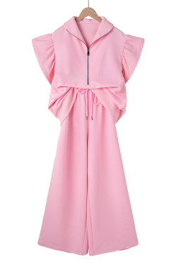 Pink Textured Ruffle Sleeve Zipped Top and Wide Leg Pants Set