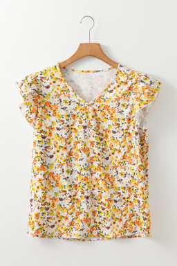 Green Floral Print Ruffle V Neck Short Sleeve Blouse
