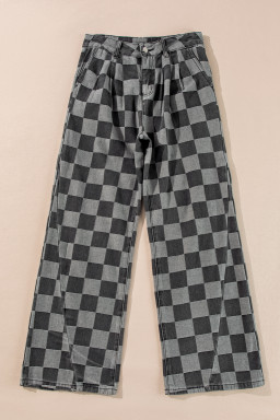 Dark Grey Checkered Light Washed Wide Leg Jeans