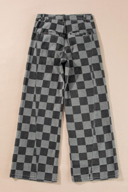 Dark Grey Checkered Light Washed Wide Leg Jeans