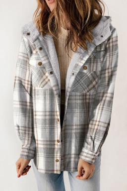 Gray Snap Button Sherpa Lined Hooded Flannel Jacket