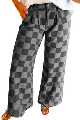 Dark Grey Checkered Light Washed Wide Leg Jeans