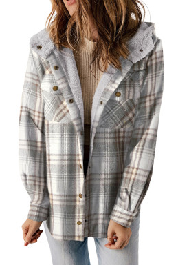 Gray Snap Button Sherpa Lined Hooded Flannel Jacket