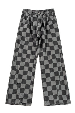 Dark Grey Checkered Light Washed Wide Leg Jeans