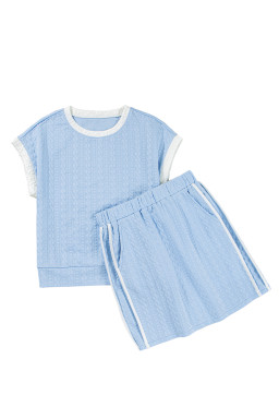 Beau Blue Contrast Trim Textured Crewneck Top and Pocketed Skirt Set