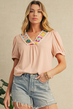 Pale Chestnut Floral Crochet V Neck Crinkled Blouse