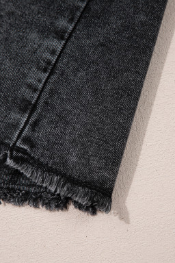 Black Flap Pocket Button Up Raw Hem Short Sleeve Denim Shirt