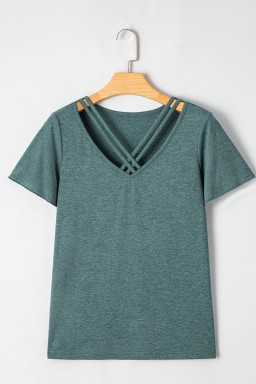 Mist Green Crisscross V Neck Flutter Sleeve T Shirt
