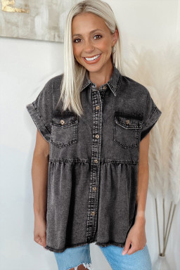 Black Flap Pocket Button Up Raw Hem Short Sleeve Denim Shirt