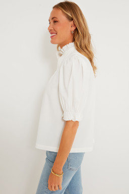 White Solid Color Frill Trim Puff Sleeve Blouse