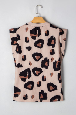 Khaki Leopard Round Neck Cap Sleeve Casual Tee