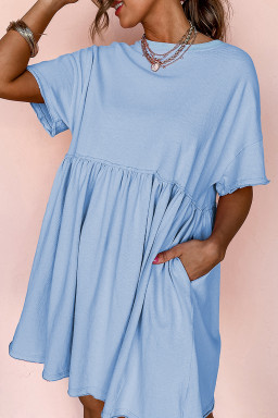 Sky Blue Solid Color Pocket Raw Edge Babydoll Dress