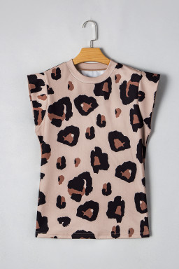 Khaki Leopard Round Neck Cap Sleeve Casual Tee