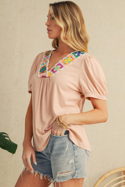 Pale Chestnut Floral Crochet V Neck Crinkled Blouse