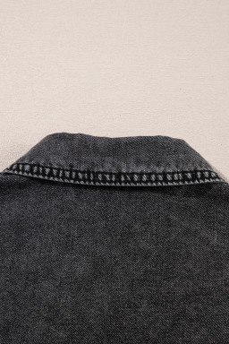 Black Flap Pocket Button Up Raw Hem Short Sleeve Denim Shirt