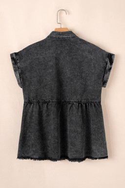 Black Flap Pocket Button Up Raw Hem Short Sleeve Denim Shirt