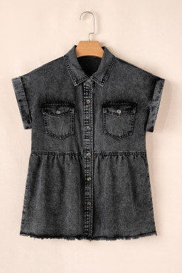 Black Flap Pocket Button Up Raw Hem Short Sleeve Denim Shirt