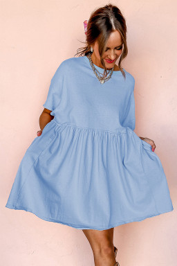 Sky Blue Solid Color Pocket Raw Edge Babydoll Dress