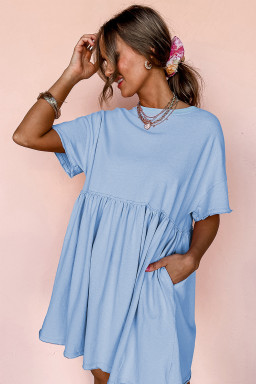 Sky Blue Solid Color Pocket Raw Edge Babydoll Dress