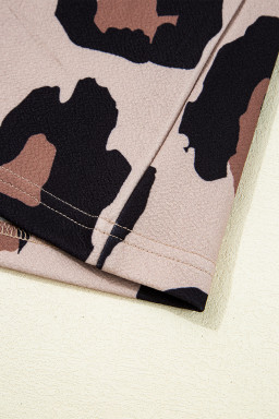 Khaki Leopard Round Neck Cap Sleeve Casual Tee