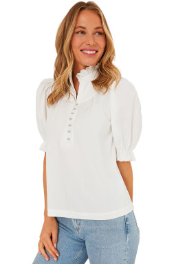 White Solid Color Frill Trim Puff Sleeve Blouse