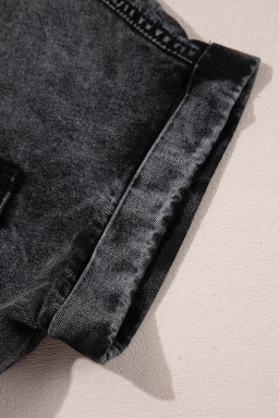 Black Flap Pocket Button Up Raw Hem Short Sleeve Denim Shirt